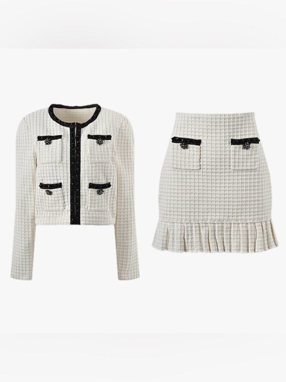 Cropped Cream Tweed Jacket with Black Trim